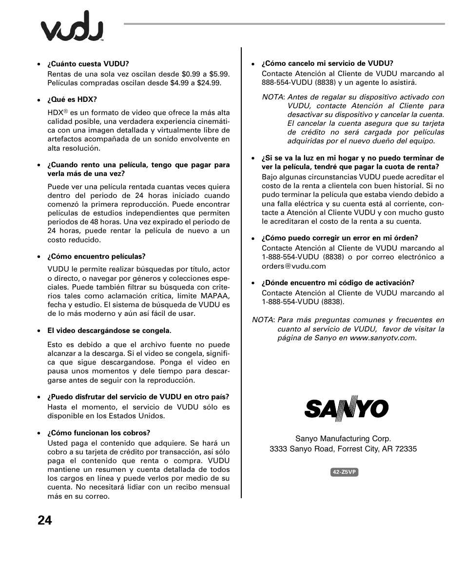 Sanyo Internet Ready HDTV DP42851 User Manual | Page 24 / 24