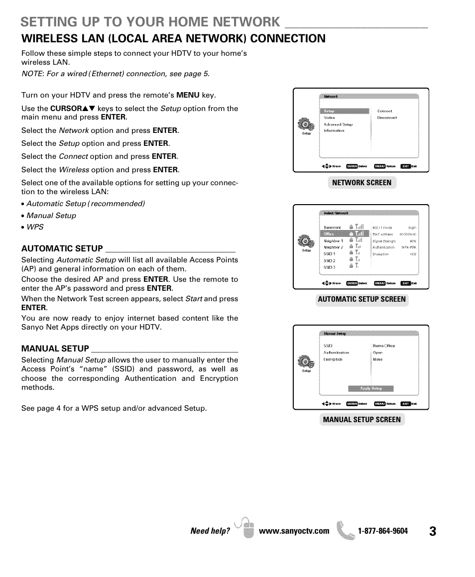 Setting up to your home network, Wireless lan (local area network) connection | Sanyo Internet Ready HDTV DP42851 User Manual | Page 3 / 24