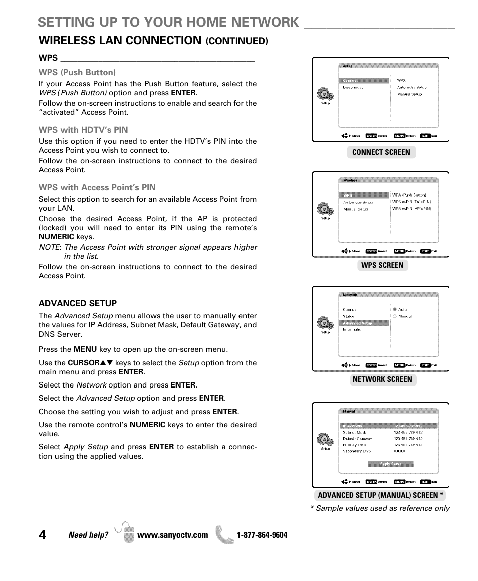 Setting up to your home network, Wireless lan connection | Sanyo Internet Ready HDTV DP42851 User Manual | Page 4 / 24