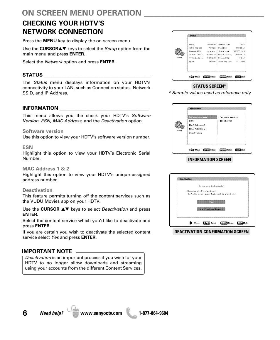 On screen menu operation, Checking your hdtv’s network connection | Sanyo Internet Ready HDTV DP42851 User Manual | Page 6 / 24