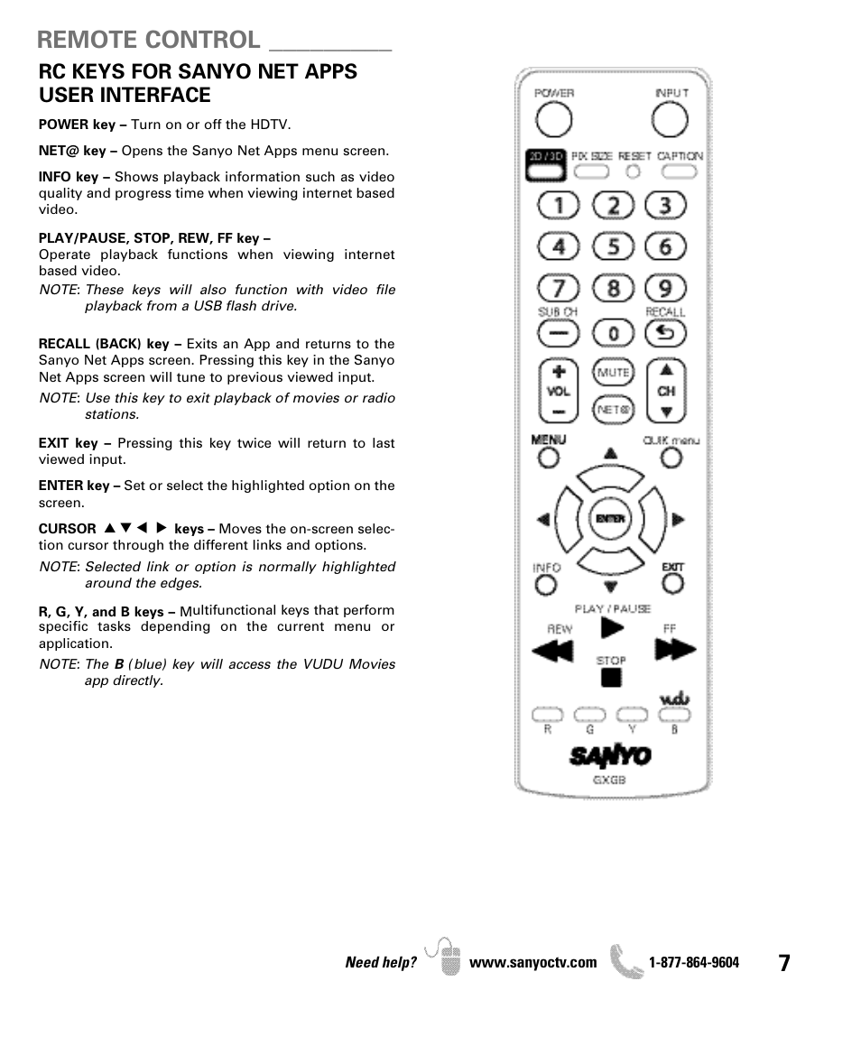 Remote control, Rc keys for sanyo net apps user interface | Sanyo Internet Ready HDTV DP42851 User Manual | Page 7 / 24