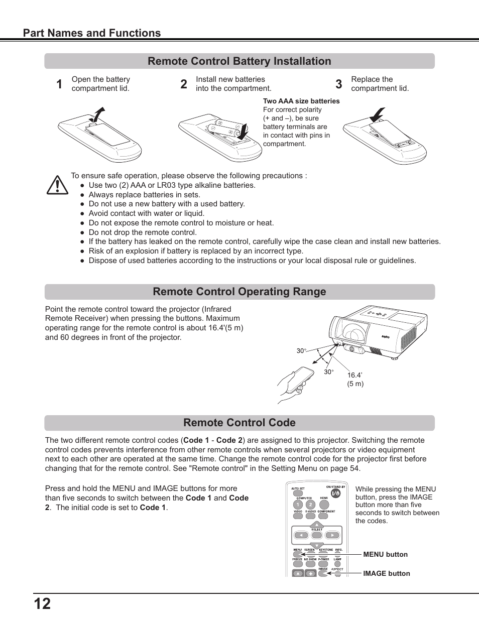 Remote control battery installation, Remote control operating range, Remote control code | Part names and functions | Sanyo PLC-WL2503 User Manual | Page 12 / 78