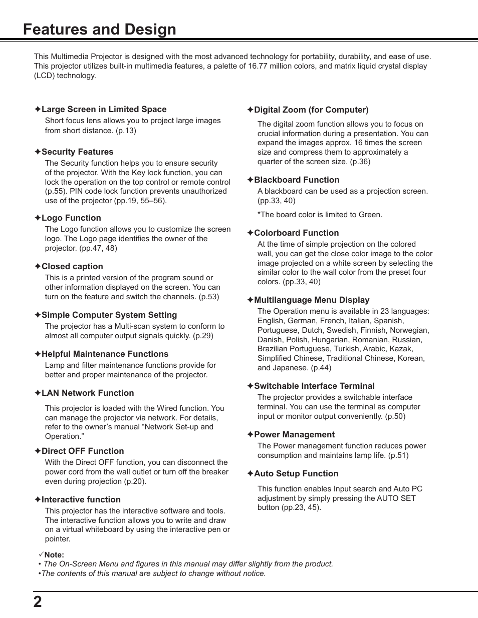 Features and design, 2features and design | Sanyo PLC-WL2503 User Manual | Page 2 / 78