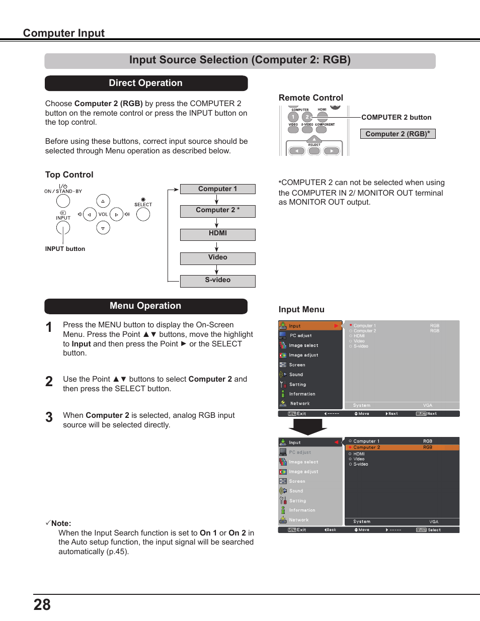 Input source selection (computer 2: rgb) | Sanyo PLC-WL2503 User Manual | Page 28 / 78