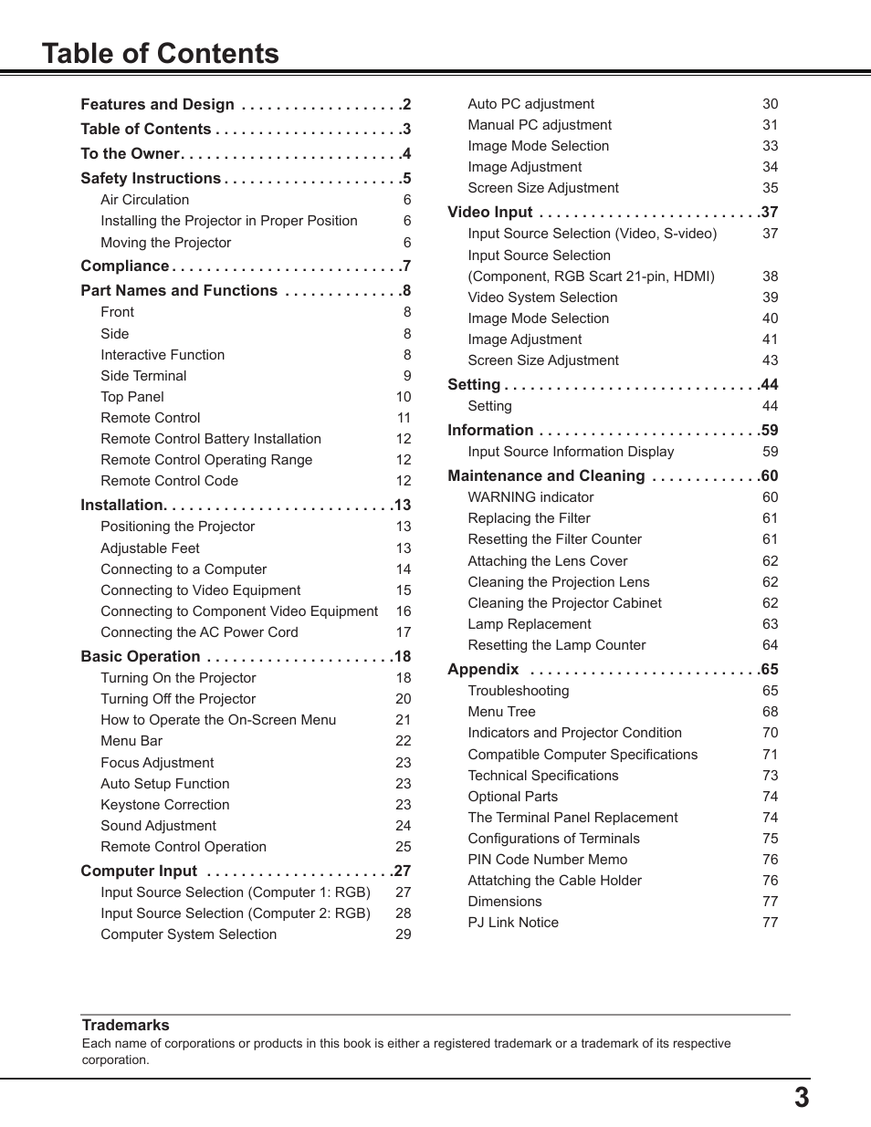 Sanyo PLC-WL2503 User Manual | Page 3 / 78