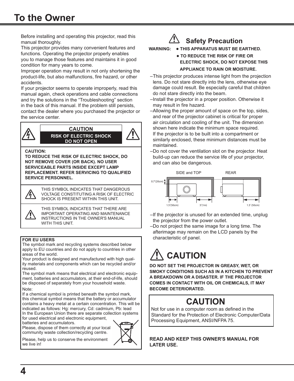 To the owner, 4to the owner, Caution | Safety precaution | Sanyo PLC-WL2503 User Manual | Page 4 / 78