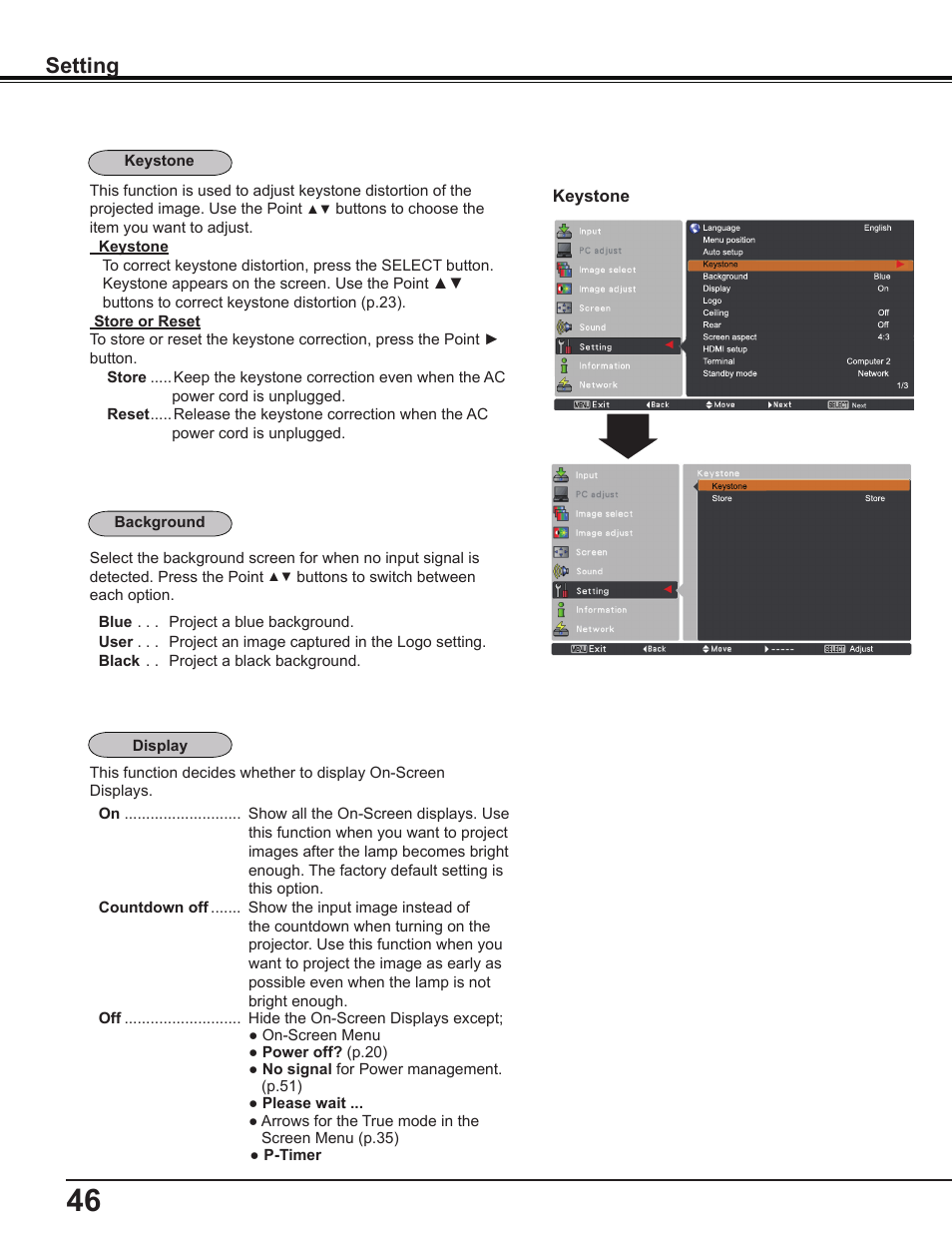 Setting | Sanyo PLC-WL2503 User Manual | Page 46 / 78