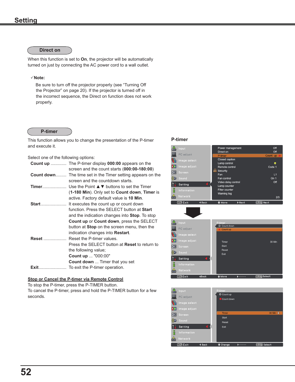 Setting | Sanyo PLC-WL2503 User Manual | Page 52 / 78