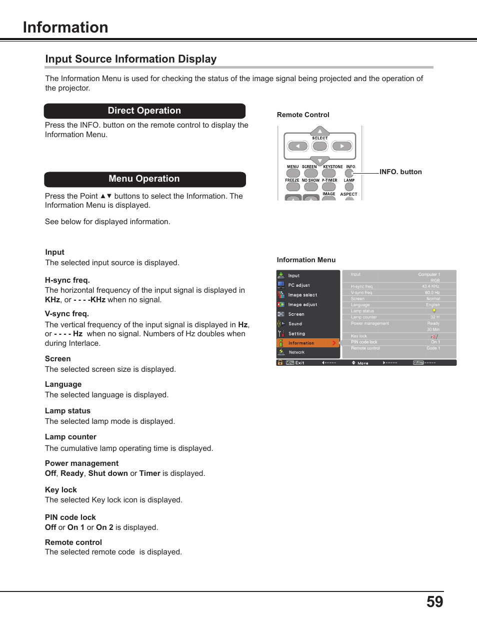 Information, Input source information display | Sanyo PLC-WL2503 User Manual | Page 59 / 78