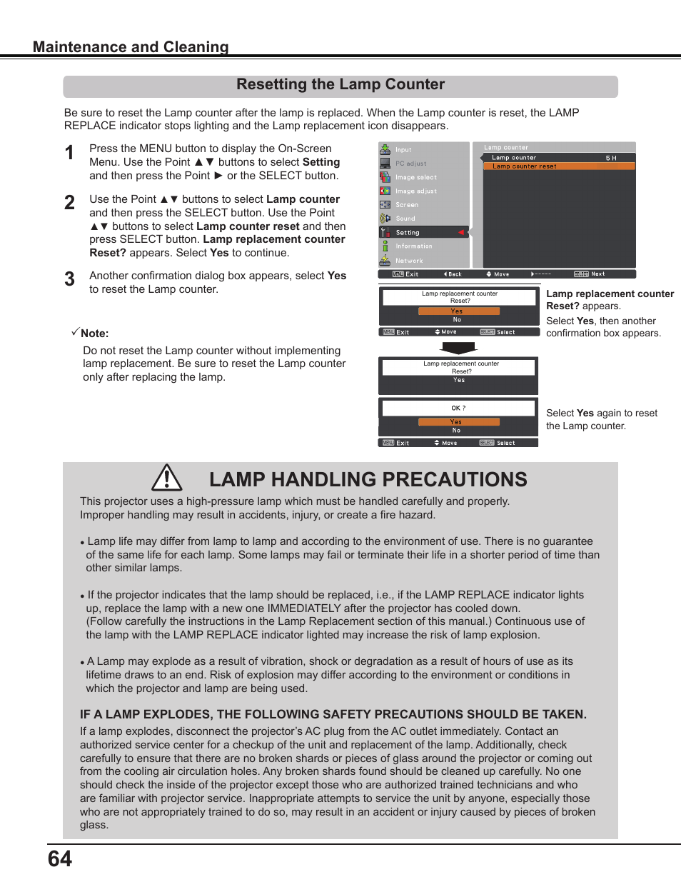 Resetting the lamp counter, Lamp handling precautions | Sanyo PLC-WL2503 User Manual | Page 64 / 78