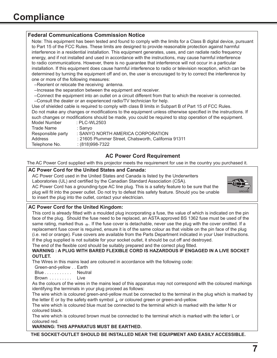 Compliance, 7compliance | Sanyo PLC-WL2503 User Manual | Page 7 / 78