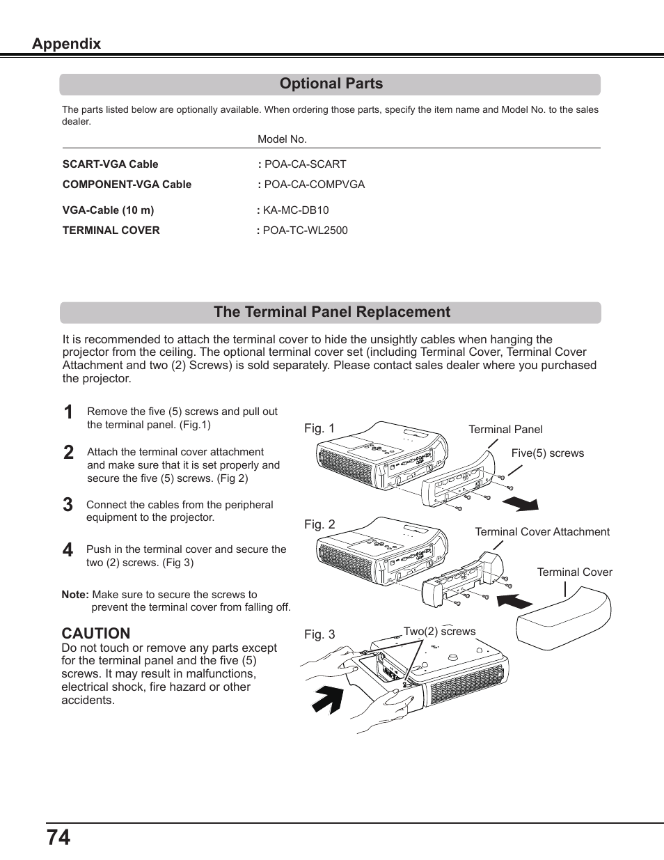 Optional parts, The terminal panel replacement | Sanyo PLC-WL2503 User Manual | Page 74 / 78