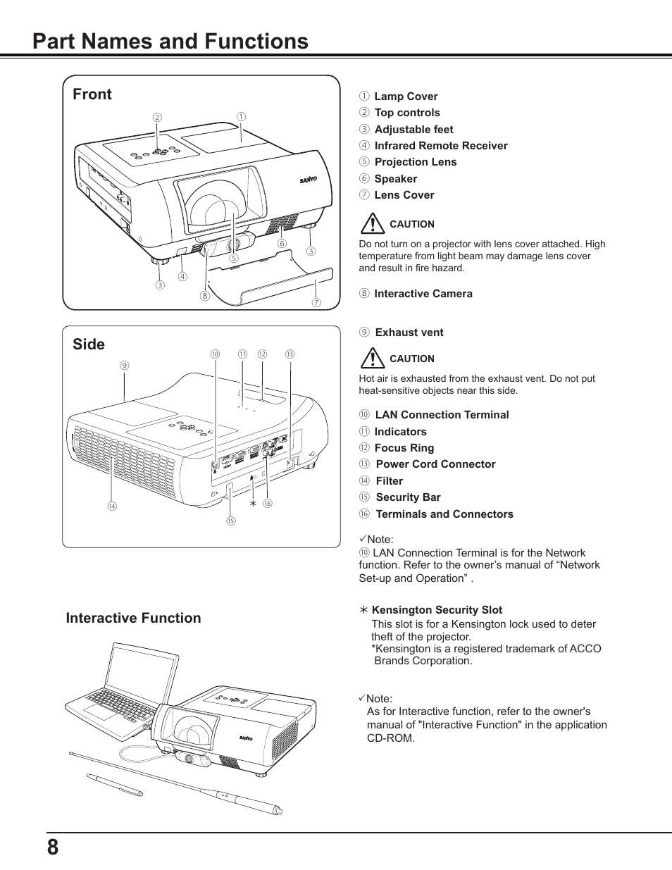 Part names and functions, Front, Side | Interactive function, 8part names and functions | Sanyo PLC-WL2503 User Manual | Page 8 / 78