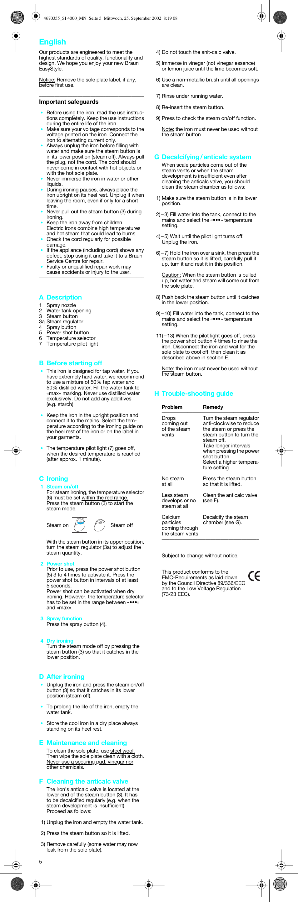 English, A description, B before starting off | C ironing, D after ironing, E maintenance and cleaning, F cleaning the anticalc valve, G decalcifying / anticalc system, H trouble-shooting guide | Braun EasyStyle SI 4000 User Manual | Page 5 / 22