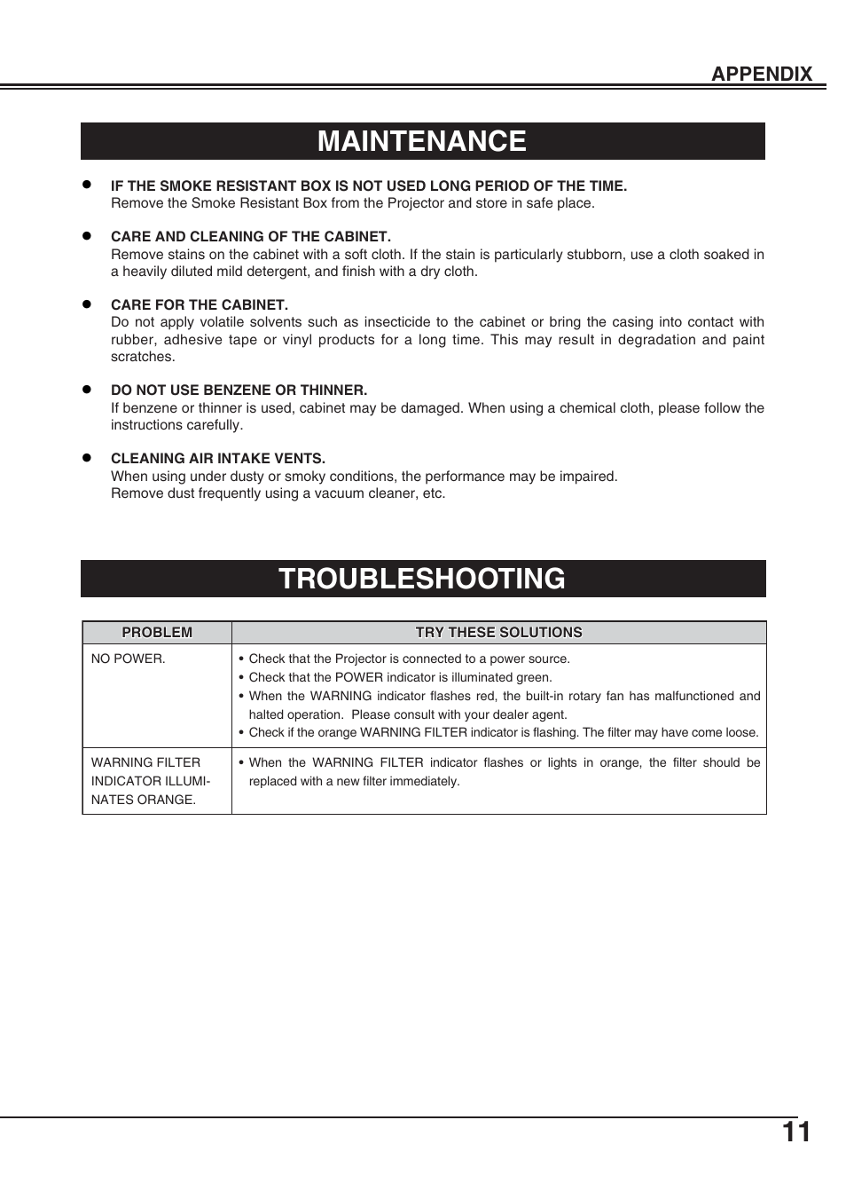 Maintenance, Troubleshooting, Appendix | Sanyo POA-SR-140 User Manual | Page 11 / 12