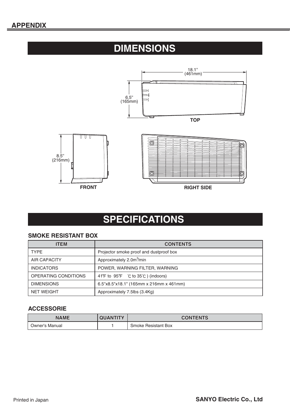 Dimensions specifications, Appendix | Sanyo POA-SR-140 User Manual | Page 12 / 12