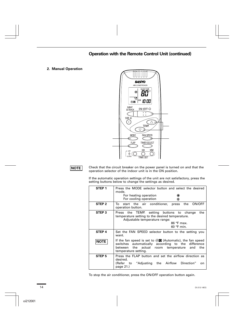 Operation with the remote control unit (continued) | Sanyo KHS2432 User Manual | Page 14 / 25