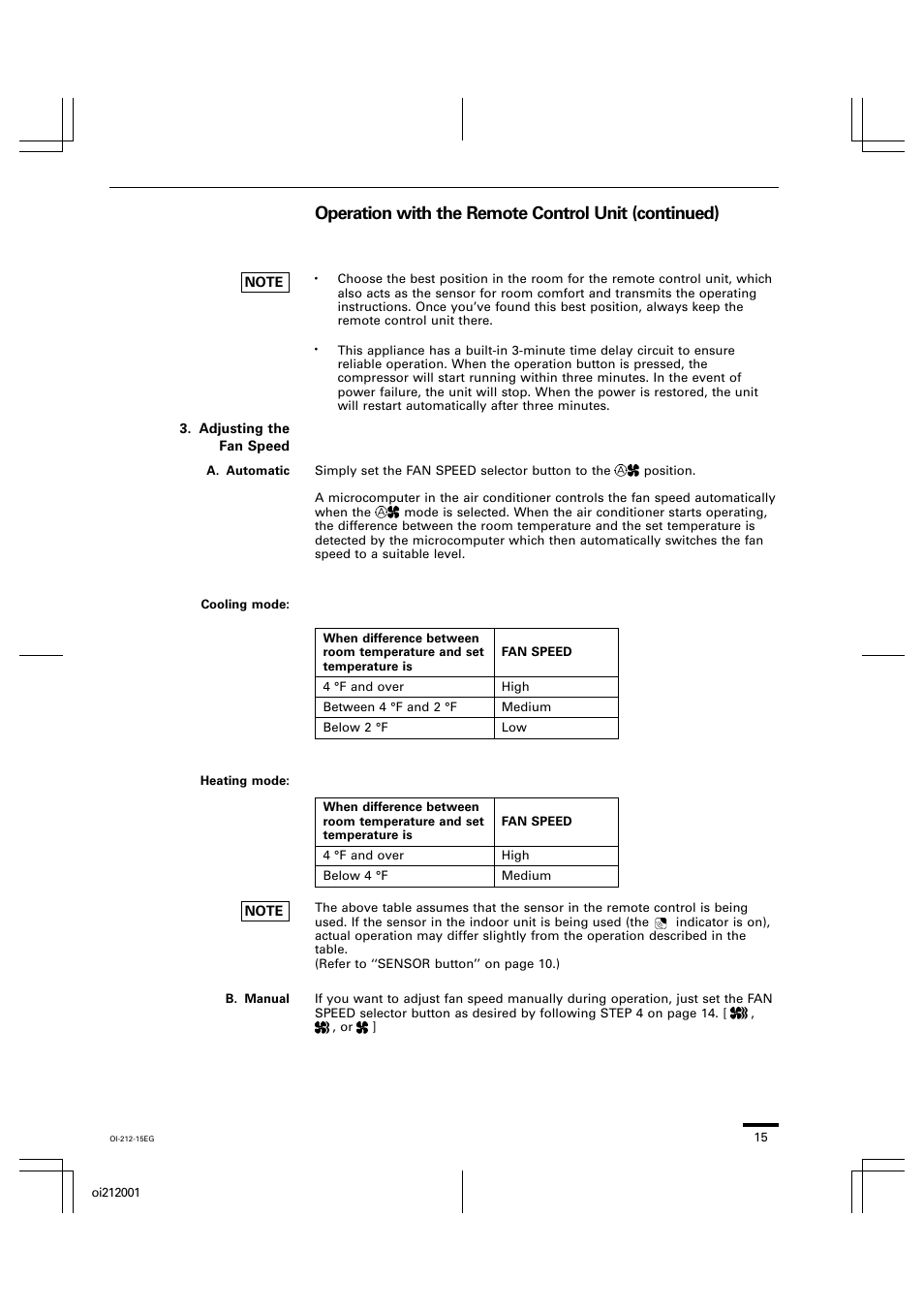 Operation with the remote control unit (continued) | Sanyo KHS2432 User Manual | Page 15 / 25