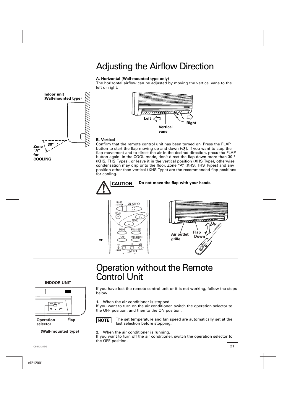 Adjusting the airflow direction, Operation without the remote control unit | Sanyo KHS2432 User Manual | Page 21 / 25