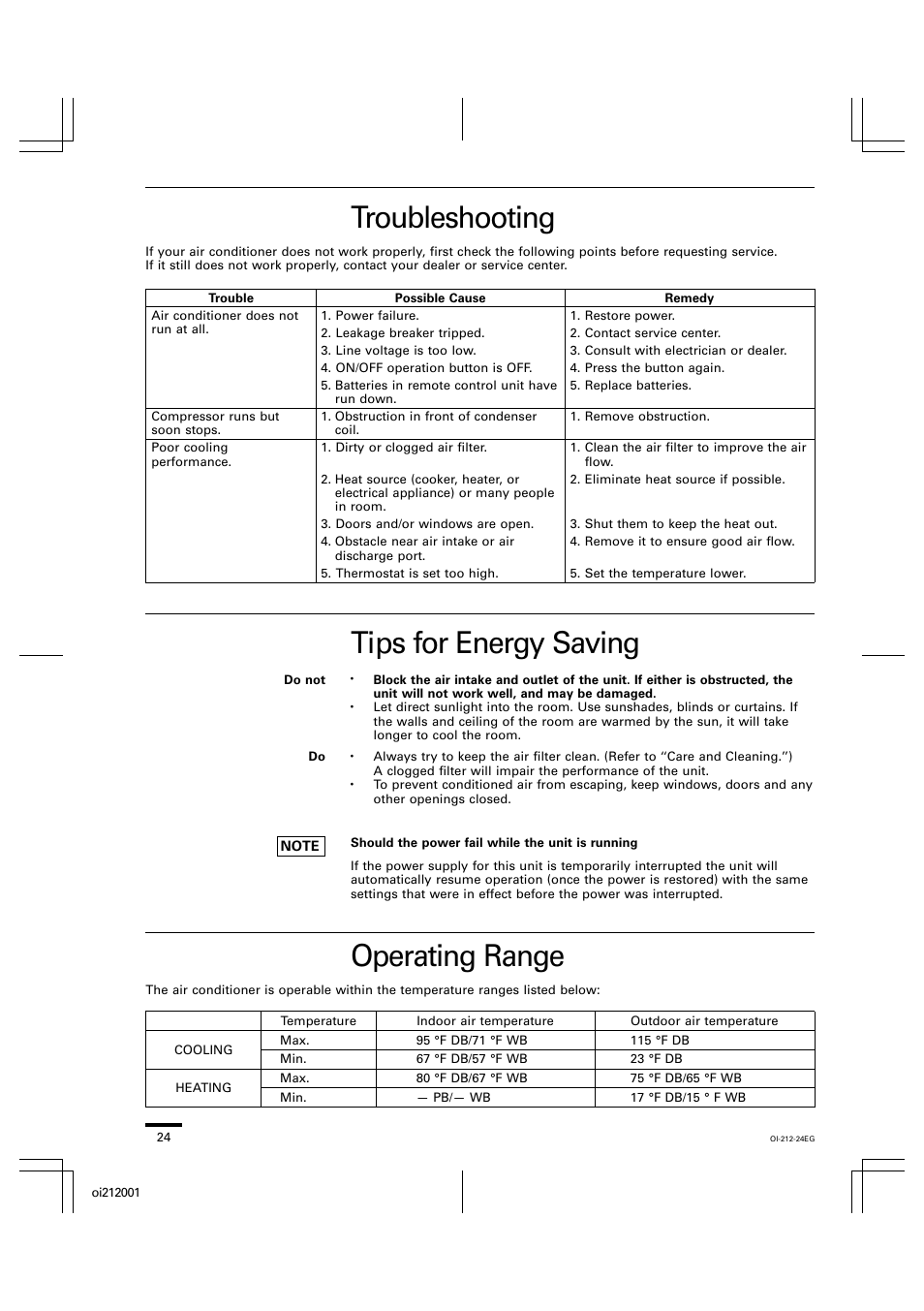 Troubleshooting, Tips for energy saving, Operating range | Sanyo KHS2432 User Manual | Page 24 / 25