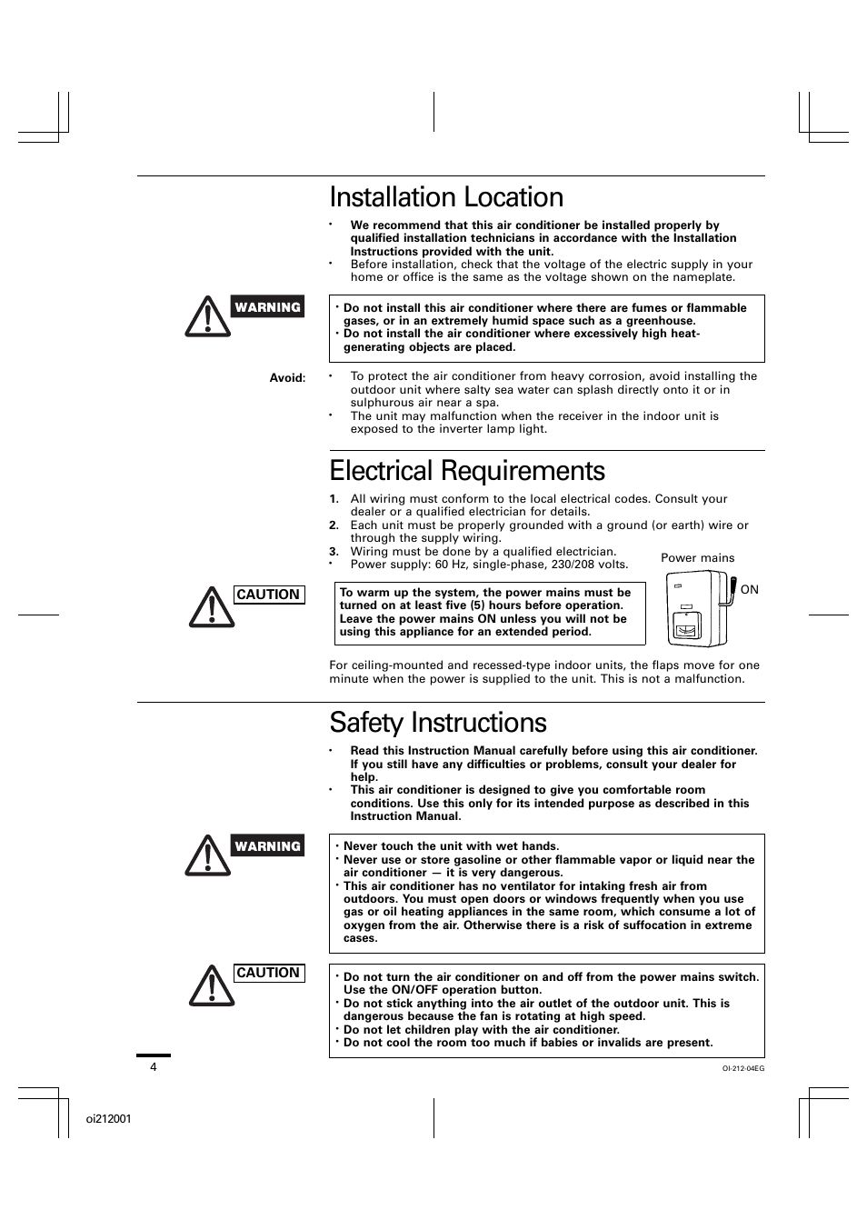 Installation location, Electrical requirements, Safety instructions | Sanyo KHS2432 User Manual | Page 4 / 25