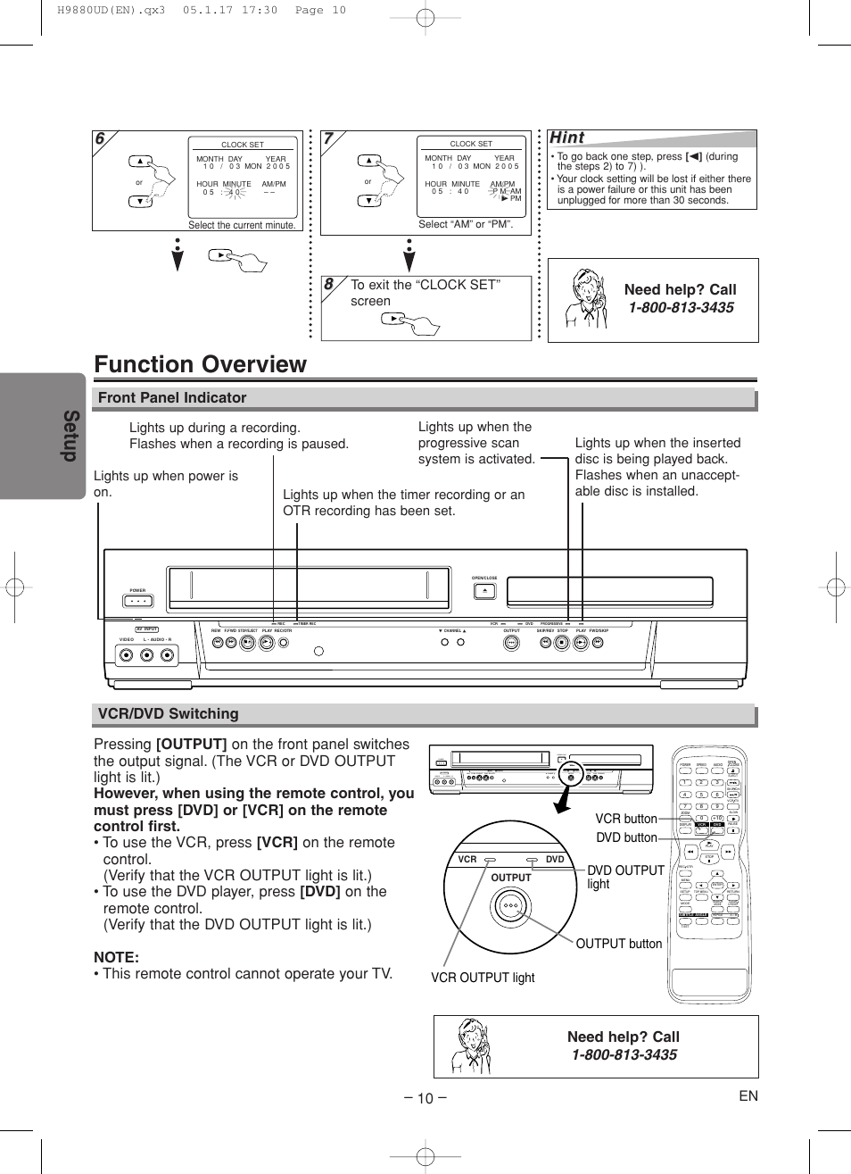 Function overview, Setup, Hint | Front panel indicator, Vcr/dvd switching | Sanyo DVW-7200 User Manual | Page 10 / 44