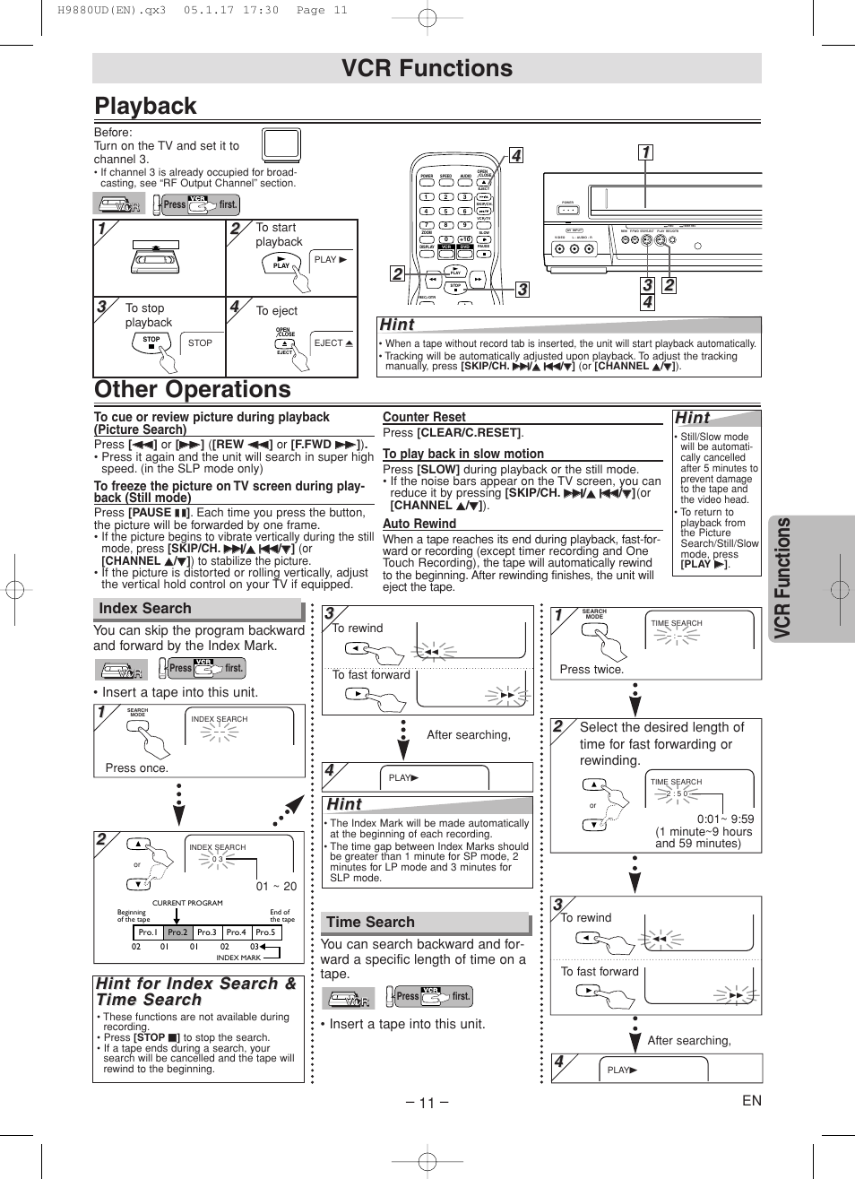 Playback, Other operations, Vcr functions | Hint, Hint f, Index search, Time search | Sanyo DVW-7200 User Manual | Page 11 / 44