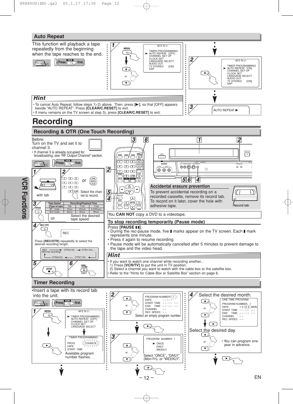 Recording, Vcr functions, Hint | Recording & otr (one touch recording), Auto repeat, Timer recording, Accidental erasure prevention, Select the desired month. select the desired day | Sanyo DVW-7200 User Manual | Page 12 / 44