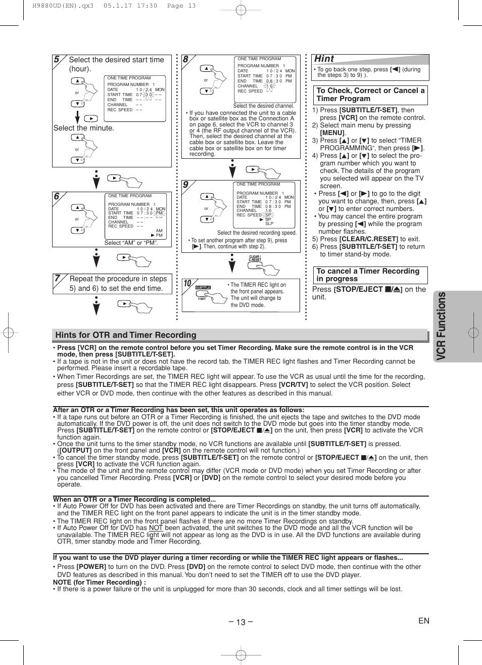 Vcr functions, Hint, Hints for otr and timer recording | Sanyo DVW-7200 User Manual | Page 13 / 44