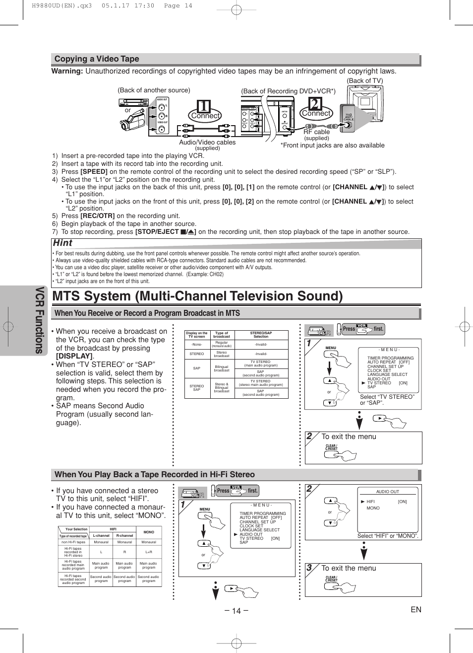 Mts system (multi-channel television sound), Vcr functions, Hint | Copying a video tape, Connect, Audio/video cables, Rf cable | Sanyo DVW-7200 User Manual | Page 14 / 44