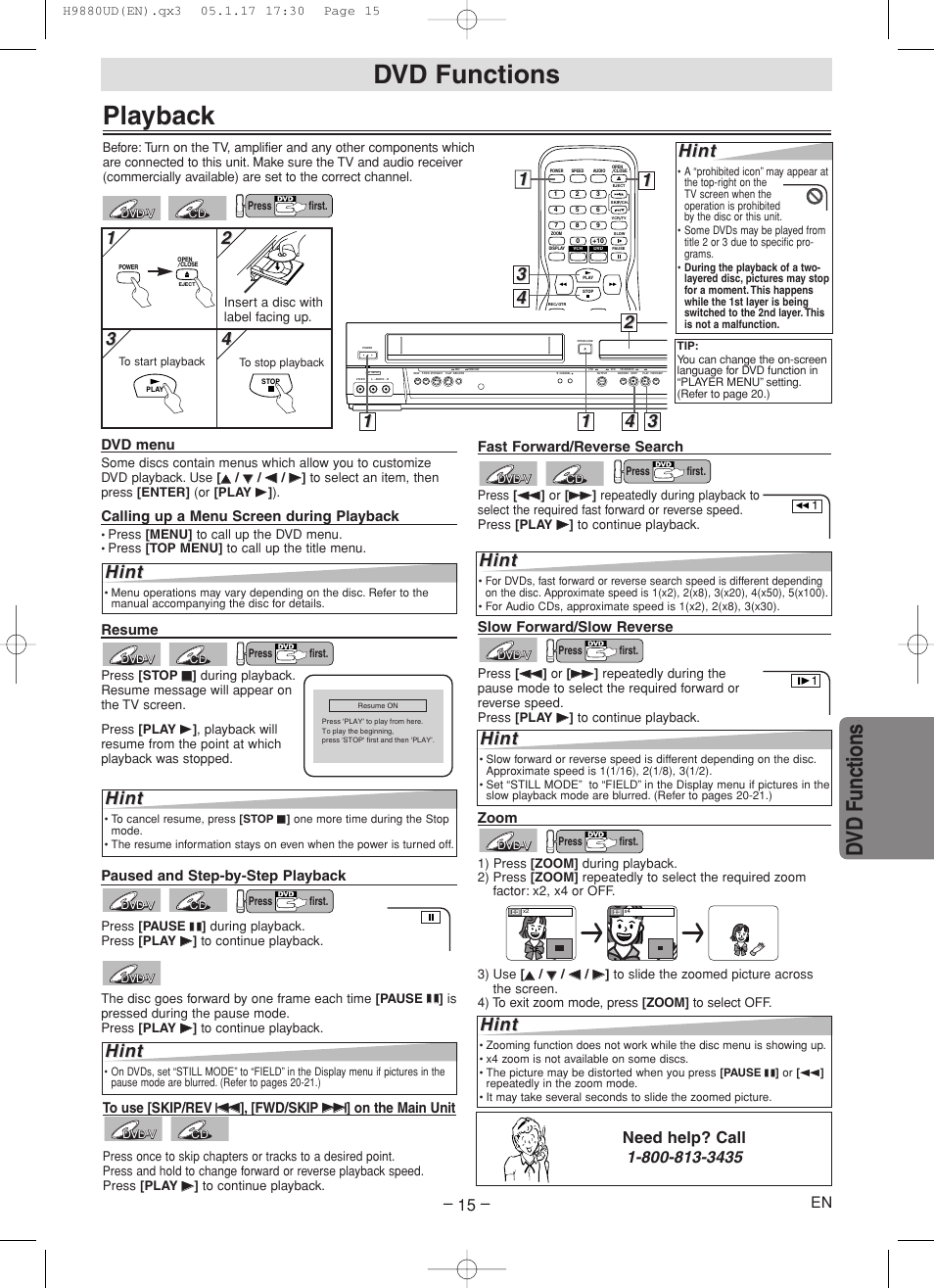 Playback, Dvd functions, Dvd functions d vd functions | Hint, Paused and step-by-step playback, Fast forward/reverse search, Dvd menu, Calling up a menu screen during playback, Resume, Zoom | Sanyo DVW-7200 User Manual | Page 15 / 44