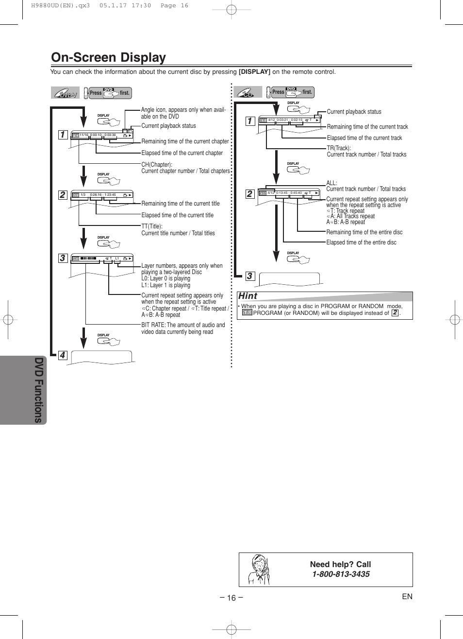 On-screen display, Dvd functions | Sanyo DVW-7200 User Manual | Page 16 / 44