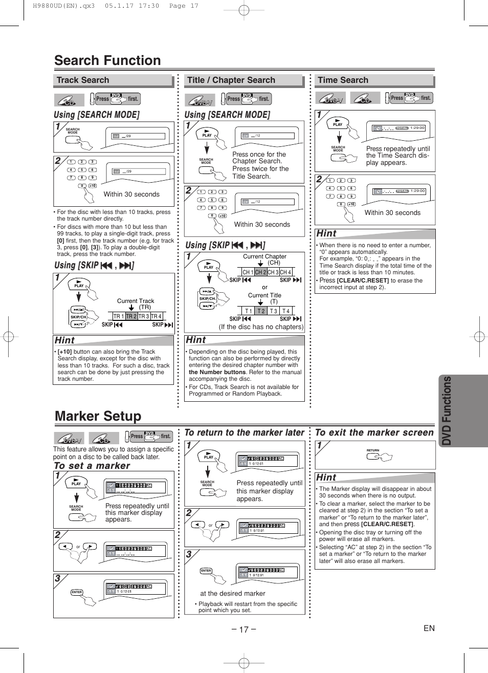 Search function, Marker setup, Dvd functions | Using [search, Using [search mode] mode, Using [skip, Hint | Sanyo DVW-7200 User Manual | Page 17 / 44