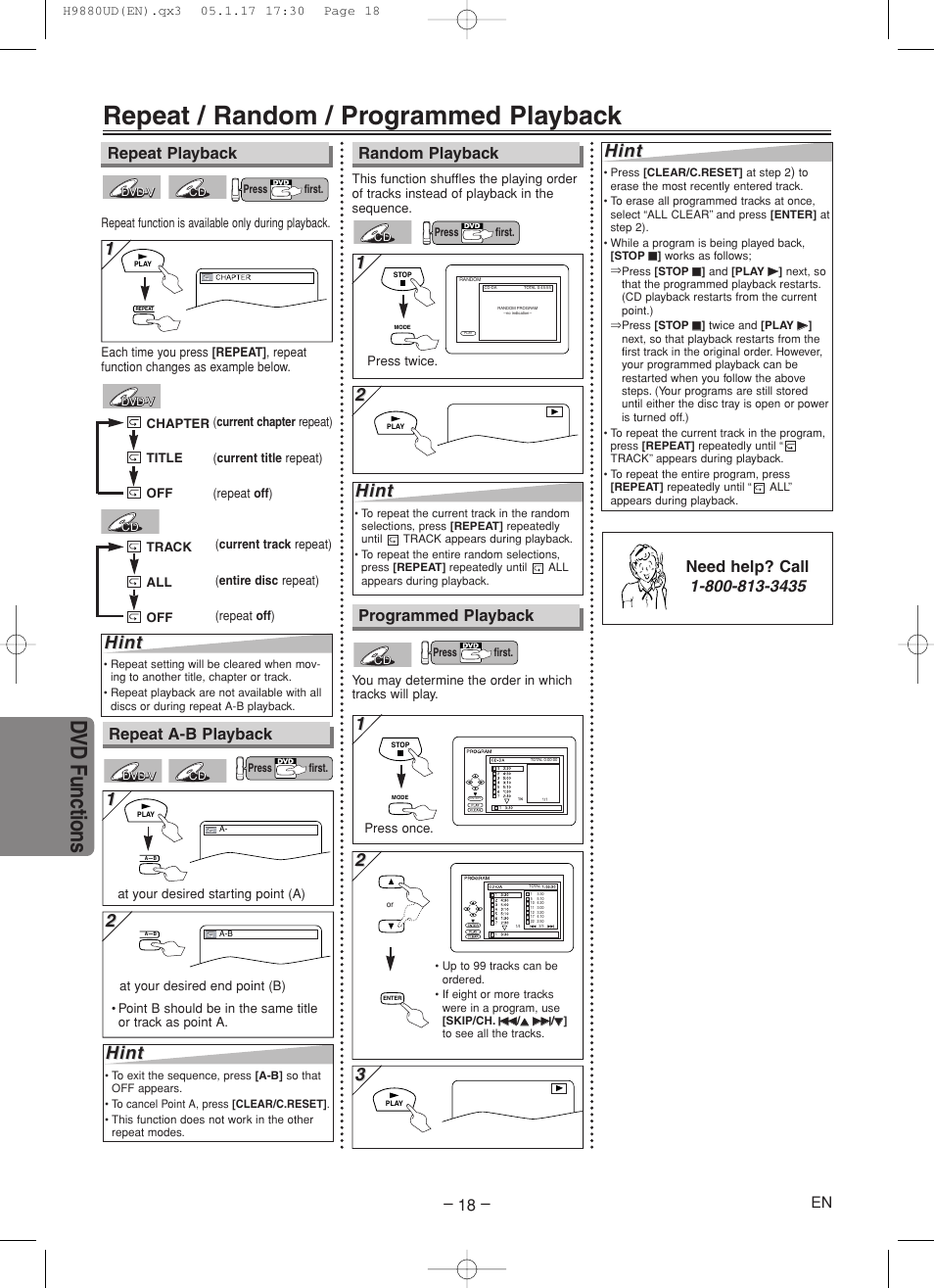 Repeat / random / programmed playback, Dvd functions, Hint | Repeat playback random playback, Repeat a-b playback, Programmed playback | Sanyo DVW-7200 User Manual | Page 18 / 44