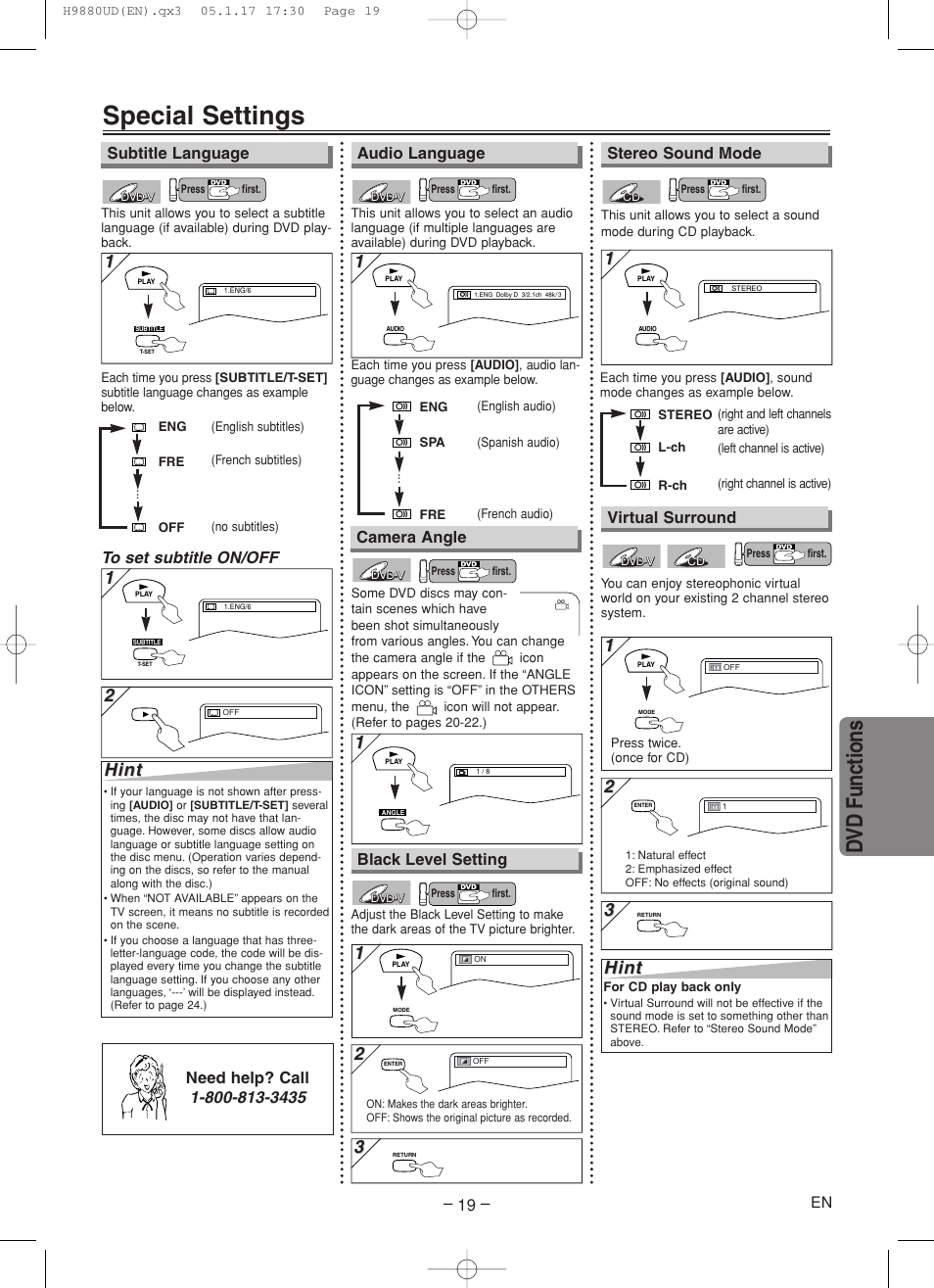 Special settings, Dvd functions, Hint | Audio language, Stereo sound mode camera angle, Subtitle language, Black level setting, Virtual surround | Sanyo DVW-7200 User Manual | Page 19 / 44