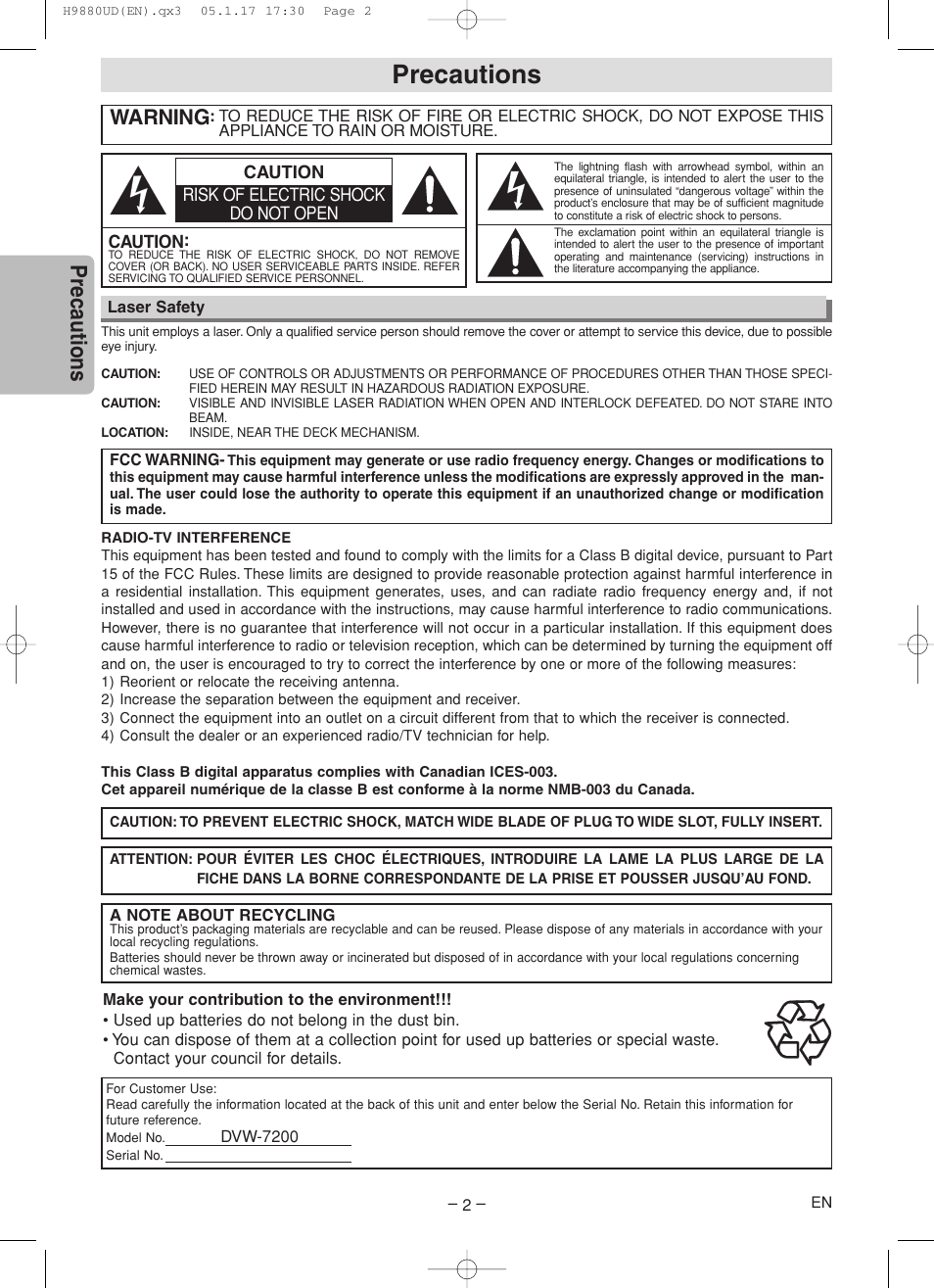 Precautions, Warning | Sanyo DVW-7200 User Manual | Page 2 / 44