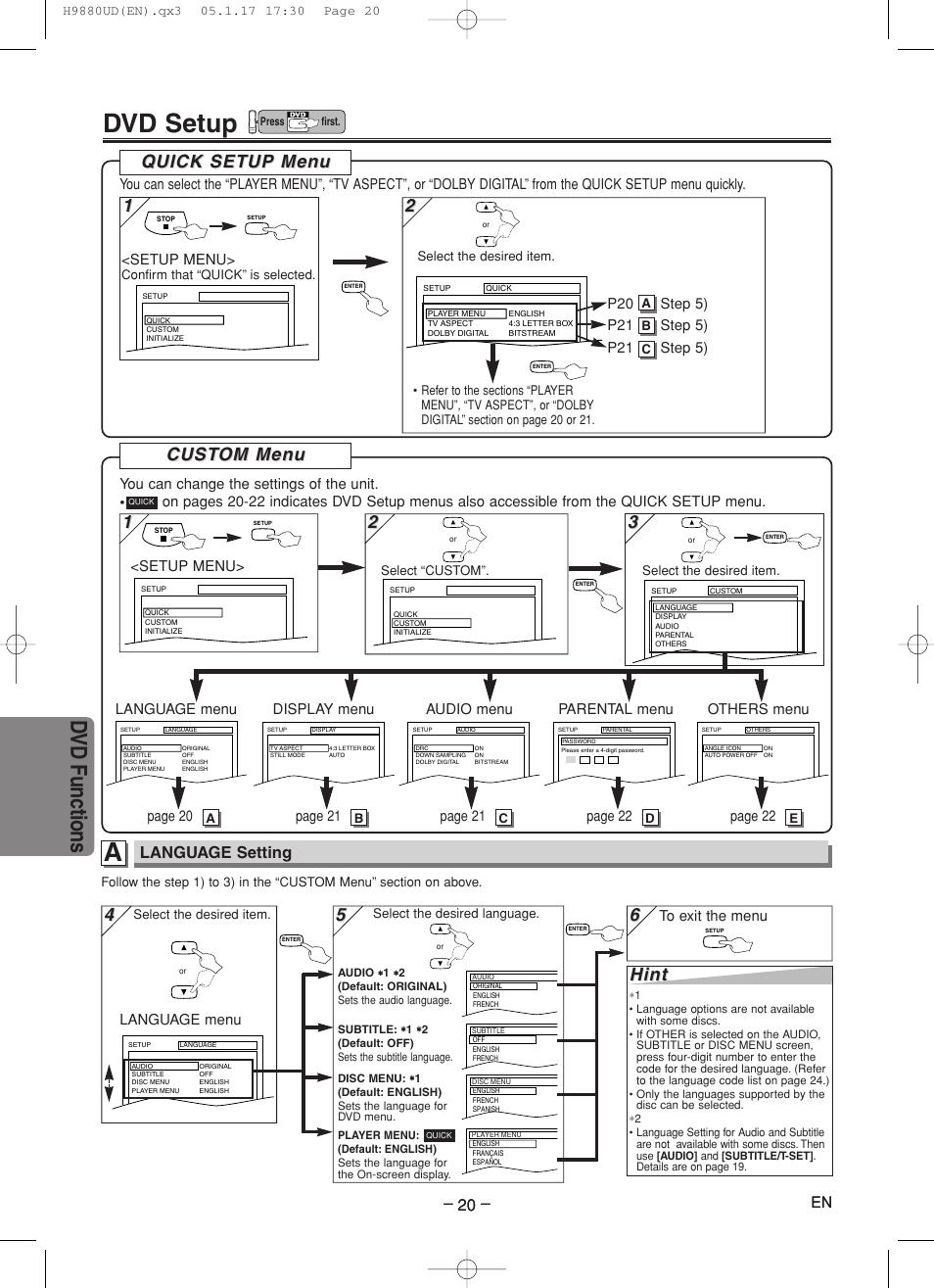 Dvd setup, Dvd functions, Hint | Quick setup men uick setup men u u, 1cust cust om men om men u u, Language setting | Sanyo DVW-7200 User Manual | Page 20 / 44