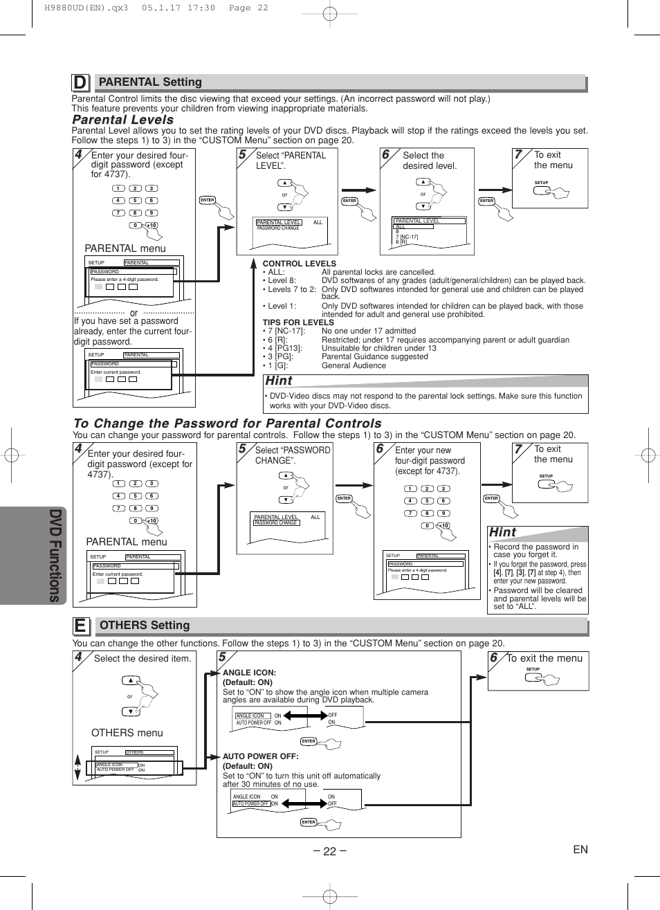 Dvd functions, Parental arental le le vels vels, Hint | Parental setting, Others setting | Sanyo DVW-7200 User Manual | Page 22 / 44