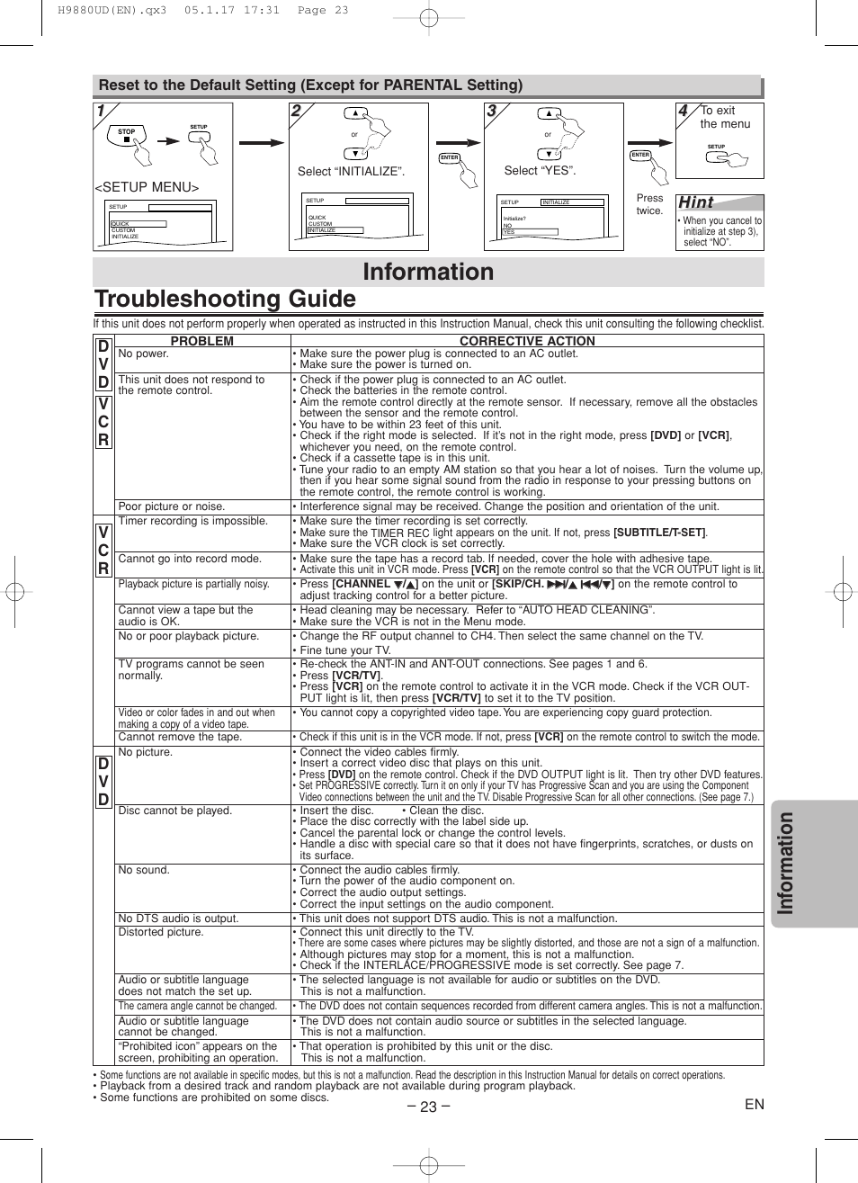 Troubleshooting guide, Information, Inf ormation | Hint | Sanyo DVW-7200 User Manual | Page 23 / 44