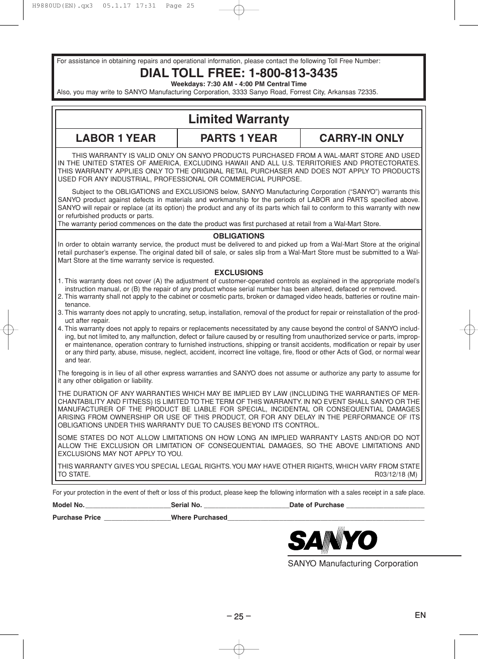 Limited warranty, Labor 1 year parts 1 year carry-in only | Sanyo DVW-7200 User Manual | Page 25 / 44