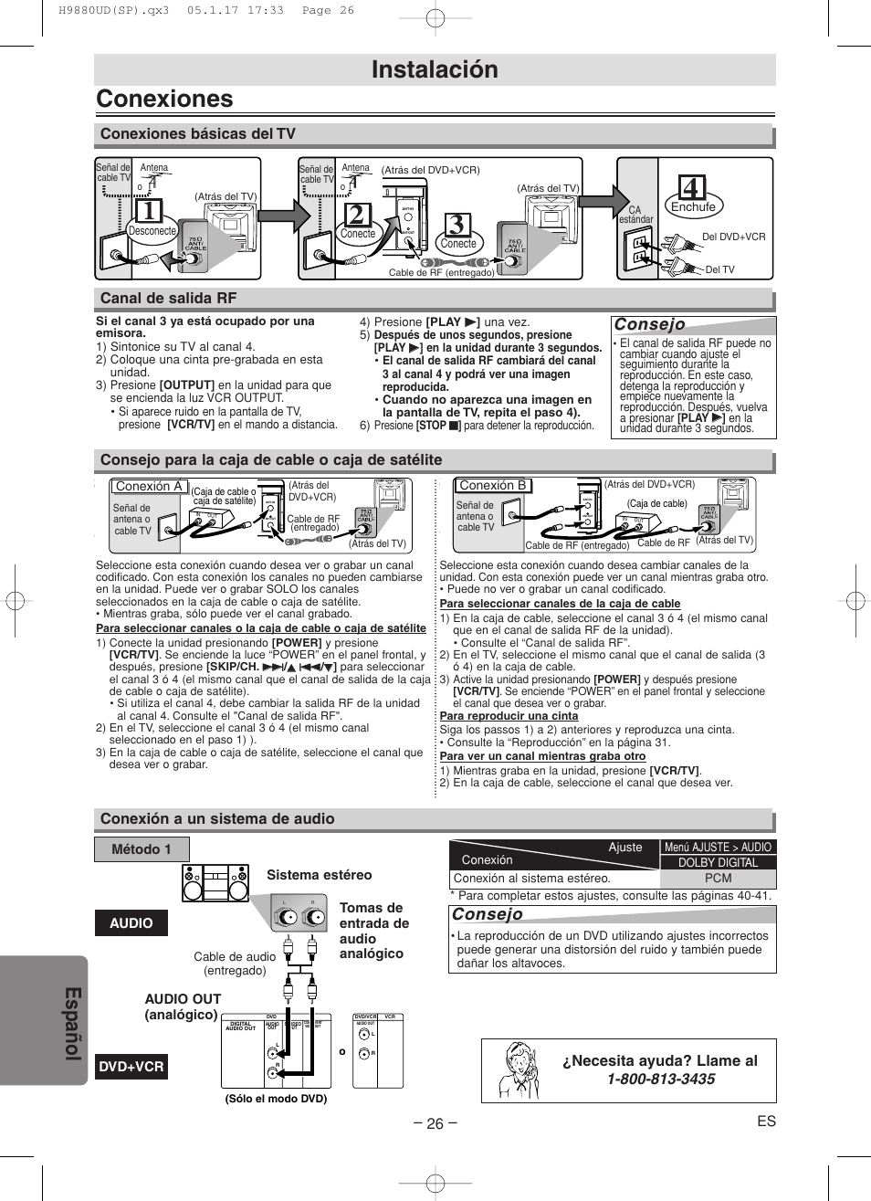 Conexiones, Instalación, Español | Consejo, Consejo para la caja de cable o caja de satélite, Conexión a un sistema de audio, Canal de salida rf, Conexiones básicas del tv | Sanyo DVW-7200 User Manual | Page 26 / 44