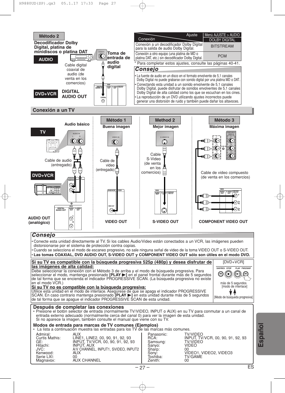 Espa ñ ol, Consejo, Conexión a un tv | Después de completar las conexiones, Tv método 1, Method 2 método 3, Dvd+vcr, Audio dvd+vcr | Sanyo DVW-7200 User Manual | Page 27 / 44