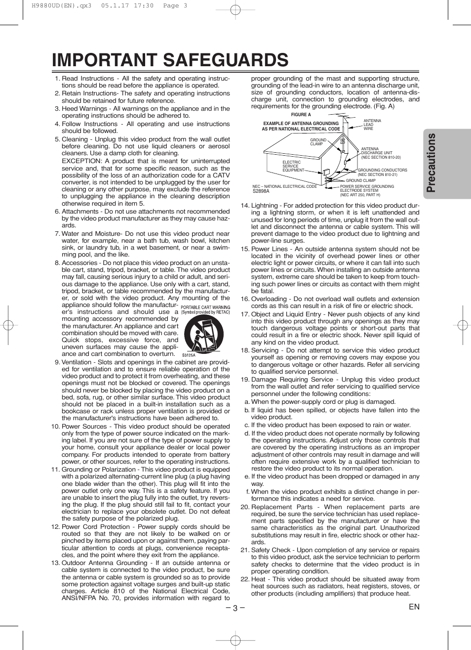 Important safeguards, Precautions | Sanyo DVW-7200 User Manual | Page 3 / 44