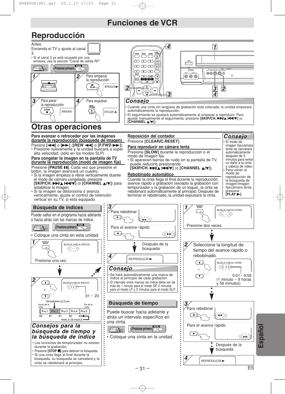 Reproducción, Otras operaciones, Funciones de vcr | Espa ñ ol, Consejo, Consejos para la, Búsqueda de índices, Búsqueda de tiempo | Sanyo DVW-7200 User Manual | Page 31 / 44