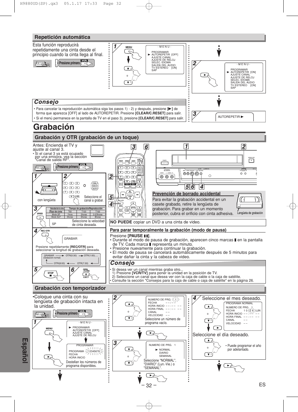 Grabación, Espa ñ ol, Consejo | Grabación y otr (grabación de un toque), Repetición automática, Grabación con temporizador, Prevención de borrado accidental | Sanyo DVW-7200 User Manual | Page 32 / 44