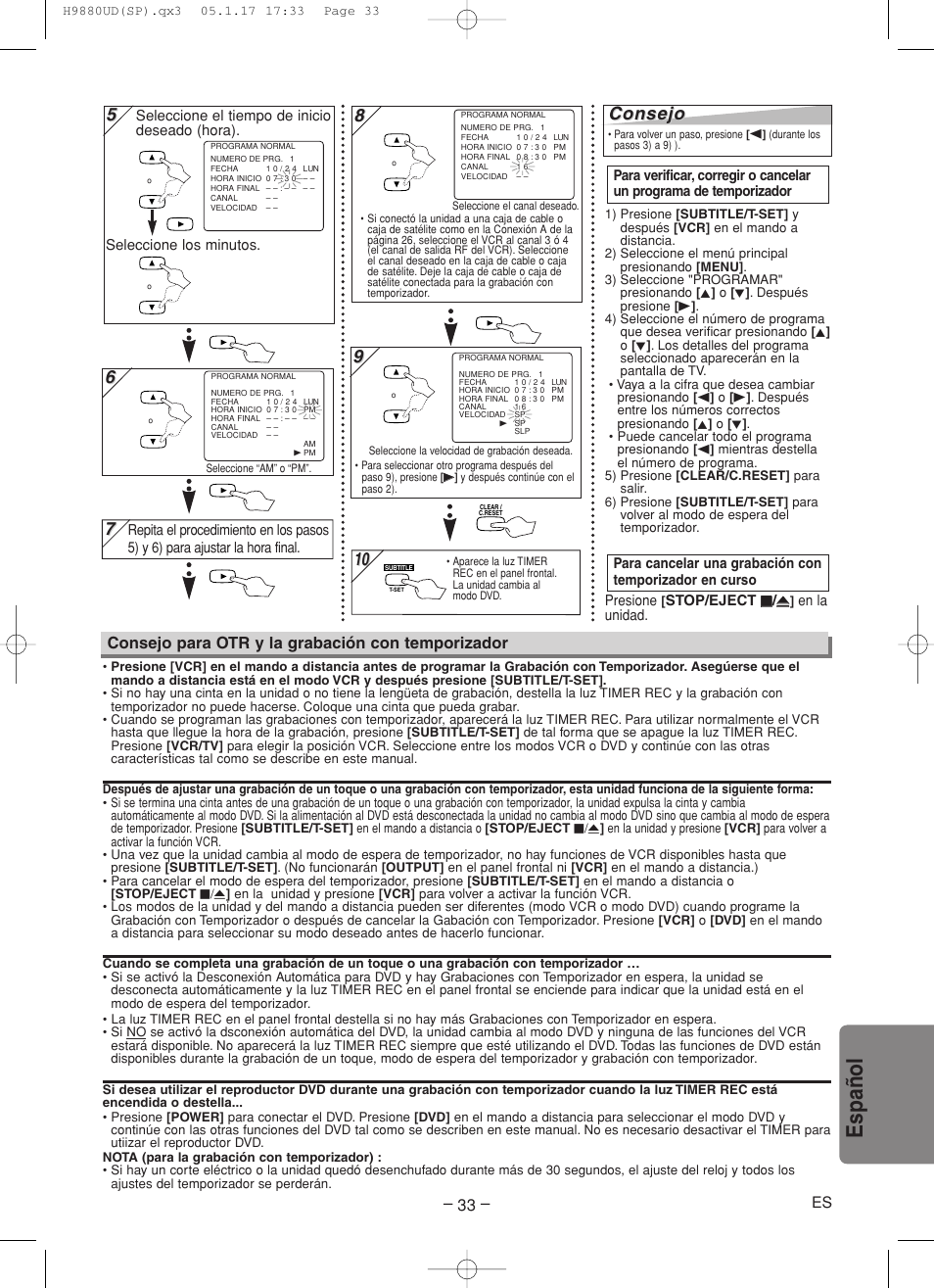 Espa ñ ol, Consejo, Consejo para otr y la grabación con temporizador | Sanyo DVW-7200 User Manual | Page 33 / 44