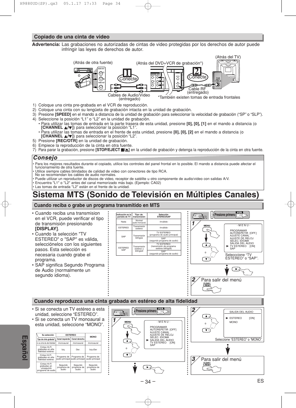 Espa ñ ol, Consejo, Copiado de una cinta de video | Para salir del menú, Conecte, También existen tomas de entrada frontales | Sanyo DVW-7200 User Manual | Page 34 / 44