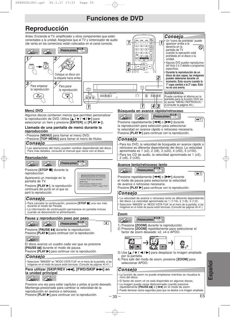 Reproducción, Funciones de dvd, Espa ñ ol | Consejo, Es pausa y reproducción paso por paso, Búsqueda en avance rápido/retroceso, Menú dvd, Reanudación, Zoom, Avance lento/retroceso lento | Sanyo DVW-7200 User Manual | Page 35 / 44