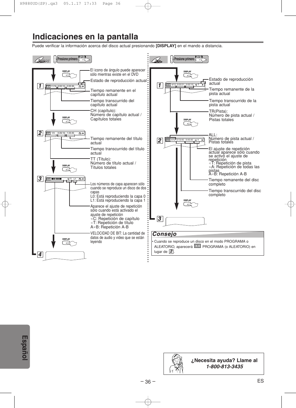 Indicaciones en la pantalla, Espa ñ ol | Sanyo DVW-7200 User Manual | Page 36 / 44