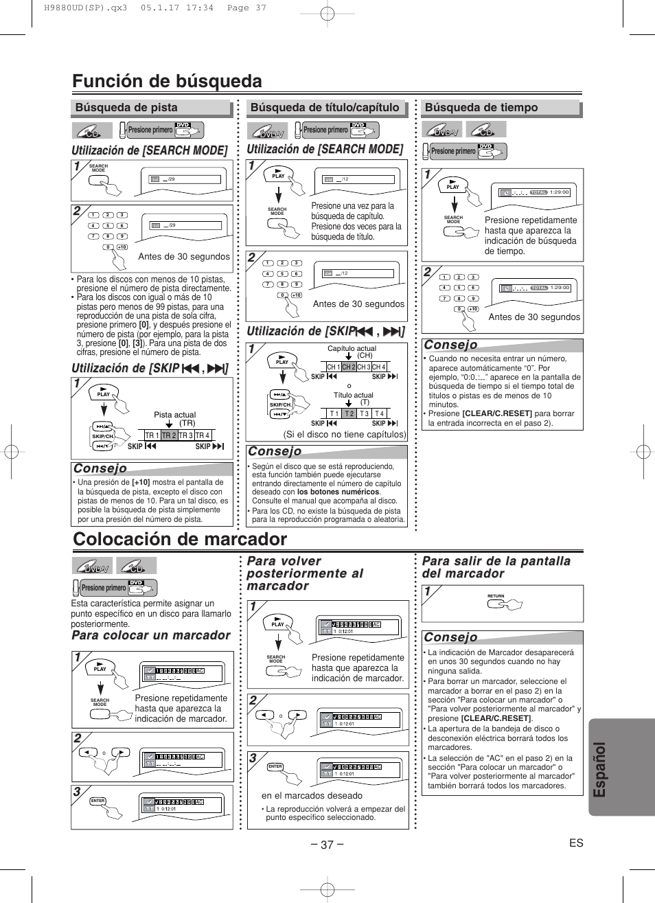 Función de búsqueda, Colocación de marcador, Espa ñ ol | Para colocar un mar ara colocar un mar cador cador, Utilización de [search, Utilización de [search mode] mode, Utilización de [search mode, Utilización de [skip, Consejo | Sanyo DVW-7200 User Manual | Page 37 / 44